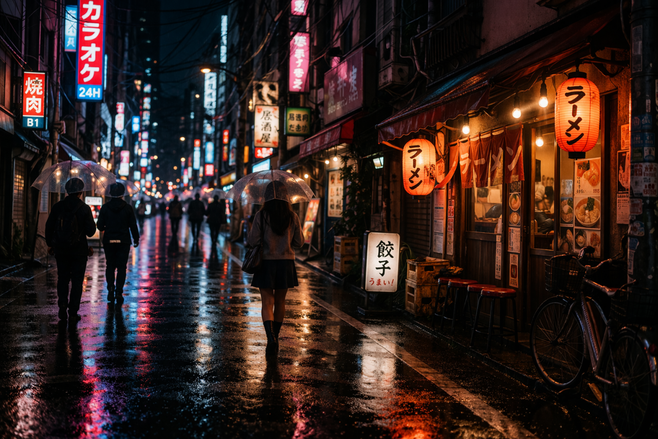 Neon lights guide the night.