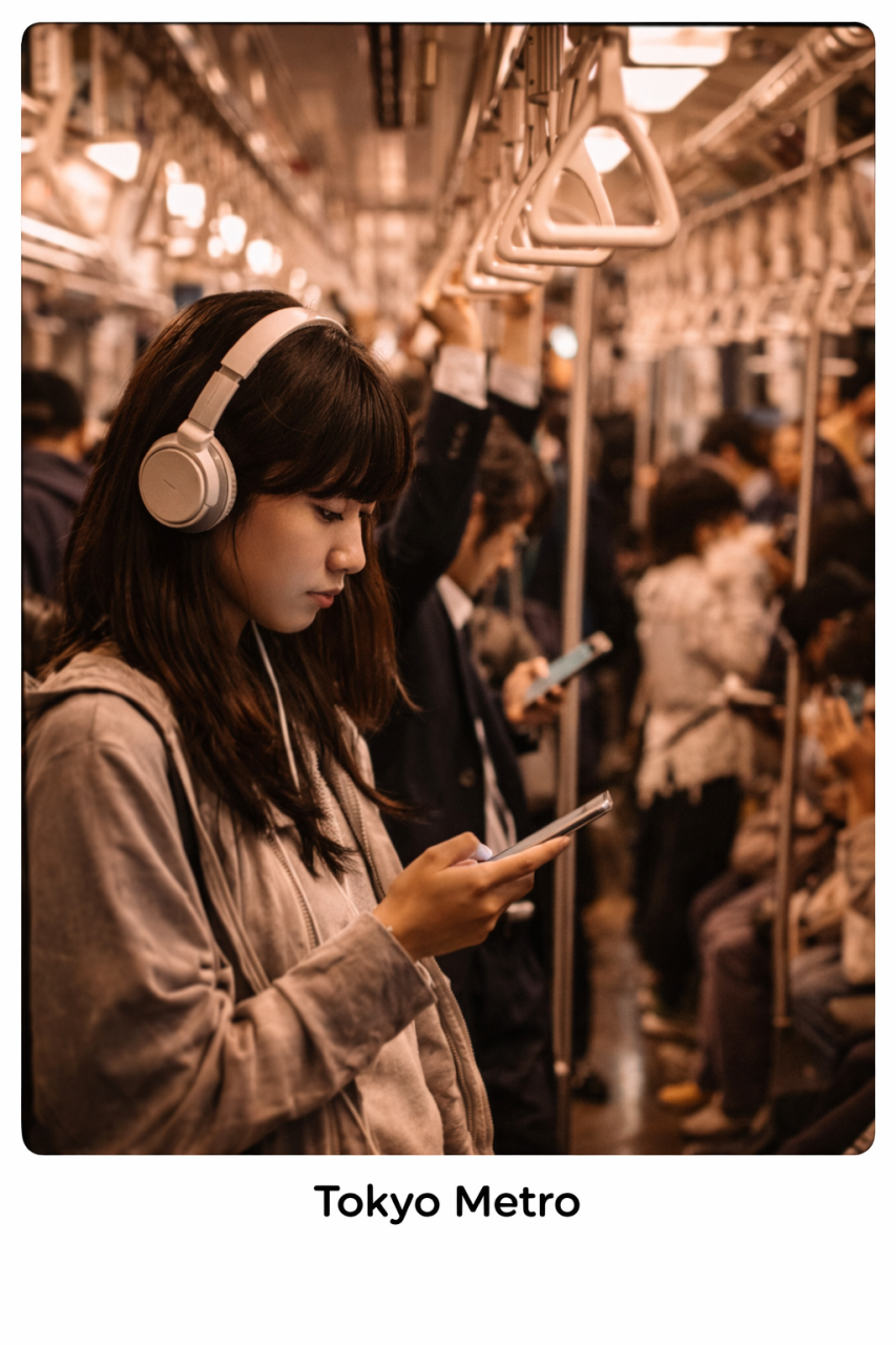 Lost in music, surrounded by the city.