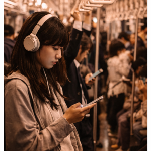 Lost in music, surrounded by the city.